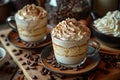 Three coffee cups with whipped cream and cinnamon on a rustic table Royalty Free Stock Photo