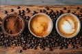 Three Coffee Cups On A Wooden Table A Visual Exploration Of Beans, Grounds, And Brewed Coffee