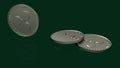 Three coins of digital cryptocurrency Ripple on green glass reflective surface, 3d rendering