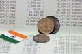 Three coins of Rupee Indian money with mini India flag on the book bank. Concept of Saving money