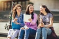 Three collage girls studying outside Royalty Free Stock Photo