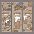 Three color beer party banners with beer keg, mug, chips, nuts, chicken wings, hop branch and snack plate.