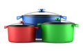 Three color cooking pans on white