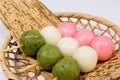 Three-color group that was wrapped in bamboo basket and Takesasa in Hinamatsuri