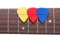 Three color mediators on a guitar fingerboard