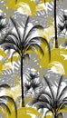 Seamless pattern with tropical plants and palm tree silhouettes with gray leaves