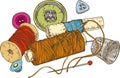 Three Color Spools of Thread, Buttons, Thimble and