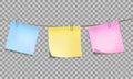 Three color sticky notes attached metal paper clips on tape on transparent background. Template for design. Vector Royalty Free Stock Photo
