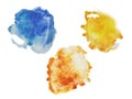 Three color, yellow, orange and blue splash watercolor hand pain Royalty Free Stock Photo