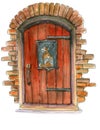 A three-colored cat at the wooden door