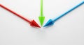 Three colored arrows converge at a Royalty Free Stock Photo