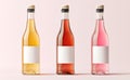 Three colored bottles with empty label spaces, depicted in a 3D rendering against a minimal background Royalty Free Stock Photo