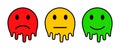 Three colored cartoon emoticons, set emotion. Customer reviews. Feedback concept rating. Check mark on sticker smile melted face