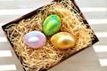 Three colored chicken eggs in a box with shavings in the sunlight Royalty Free Stock Photo