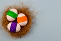 Three colored eggs on a blue background in a copyspace nest for text Royalty Free Stock Photo