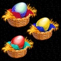 Three colored eggs closeup in straw baskets