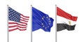 Three colored silky flags in the wind: USA United States of America, EU European Union and Egypt isolated on white. 3D