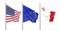 Three colored silky flags in the wind: USA United States of America, EU European Union and Malta isolated on white. 3D