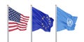 Three colored silky flags in the wind: USA United States of America, EU European Union and United Nations Organization