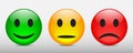 Three colored smilies, set smiley emotion, by smilies, cartoon emoticons - vector Royalty Free Stock Photo