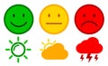 Three colored smilies with sun, cloud ang lightning, set smiley emotion, by smilies, cartoon emoticons Royalty Free Stock Photo