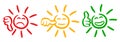 Three colored sun with valuation thumbs, set emotion, cartoon emoticons sun - for stock