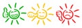 Three colored sun with valuation thumbs, smilies, set smiley emotion, by smilies, cartoon emoticons sun - vector