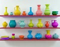 Experimental Pottery Shelf With Colorful Objects - 3d Render