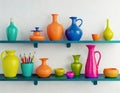 Experimental Pottery Shelf With Colorful Objects - 3d Render