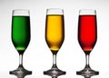 Three colored wine glasses.