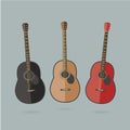 Three colorful acoustic guitars in a flat cartoon style Royalty Free Stock Photo