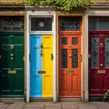 Three colorful, adjacent doors feature varying designs. The left door is dark green with Royalty Free Stock Photo