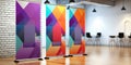 Three colorful banners hanging on a wall in a room. AI Royalty Free Stock Photo
