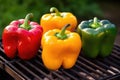 three colorful bell peppers on a charcoal grill