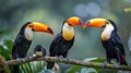 Three Colorful Birds Perched on Forest Branch Royalty Free Stock Photo