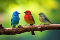 Three colorful birds perched on a tree branch Royalty Free Stock Photo