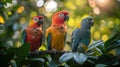 Three Colorful Birds Perched on a Tree Branch Royalty Free Stock Photo