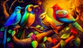 Three colorful birds sitting on tree branch. Fantasy. Generative AI Royalty Free Stock Photo