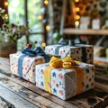 Three colorful boxes with bows on them, one of which has a star on it Royalty Free Stock Photo