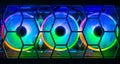 Three colorful bright rainbow led rgb pc fan air case cooler white desktop computer chassis. gaming modding water cooling and Royalty Free Stock Photo