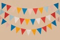 Three Colorful Bunting Flag Strings Neutral Background Red Blue Yellow Pink White Royalty Free Stock Photo
