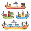 Three colorful cargo ships carrying stacks containers. Handdrawn style maritime transportation