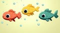 Three colorful cartoon fish swimming in bubbles against a light background Royalty Free Stock Photo