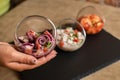 Three colorful ceviches, octupus, fish and shrimp Royalty Free Stock Photo
