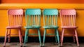 Three colorful chairs against a wall. Generative AI image. Royalty Free Stock Photo