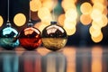 three colorful christmas ornaments hanging from a string Royalty Free Stock Photo