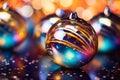 three colorful christmas ornaments on a shiny surface Royalty Free Stock Photo