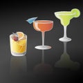 Three colorful cocktails in different glasses with lime, orange and cherry decoration and their reflection shadow against black