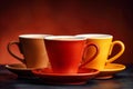 Three colorful coffee cups on a dark background