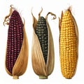 Three Colorful Corn Cobs with Husk on White Background Detailed Botanical Illustration Royalty Free Stock Photo